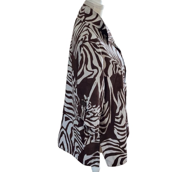 Jones New York 100% Linen Jacket Chocolate Brown & White Leaf Print Size S - Picture 3 of 8